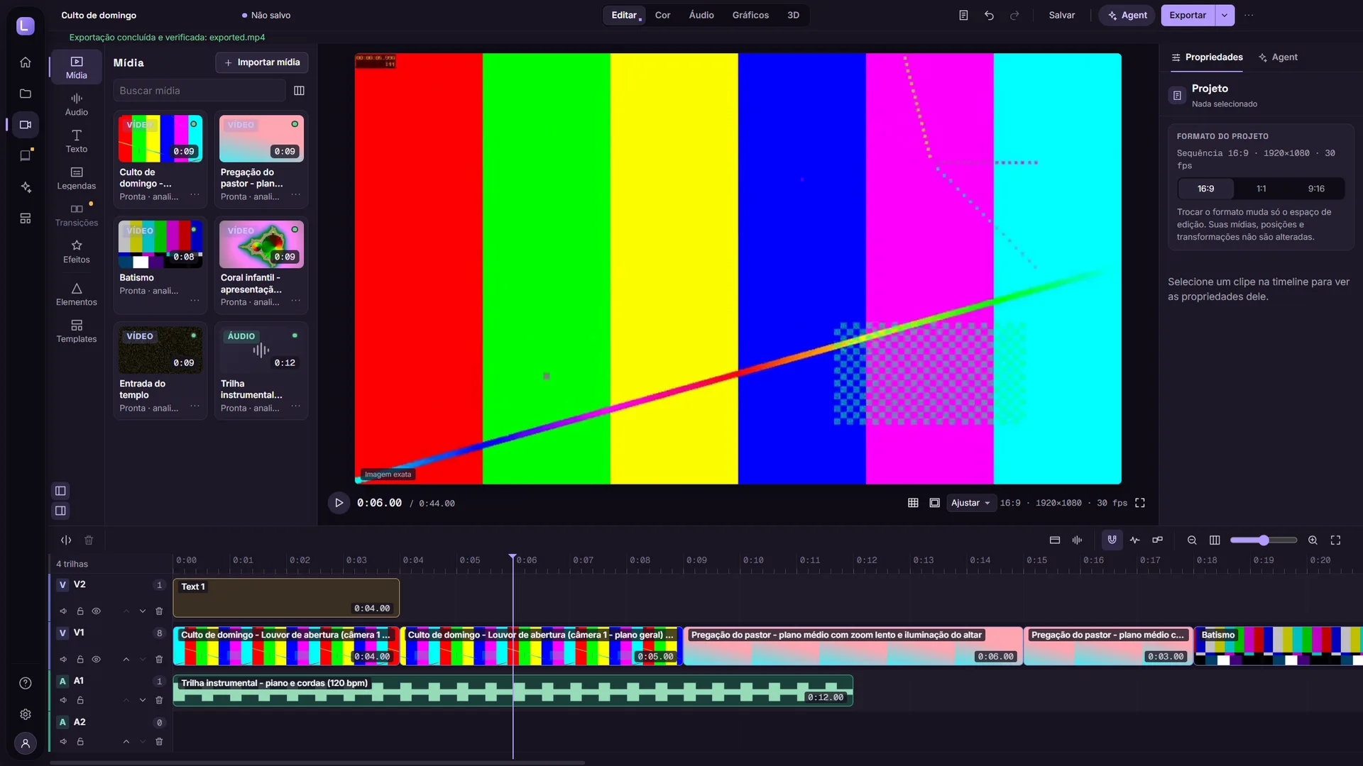 Editor do Luyra Studio Pro com biblioteca de mídia, monitor e timeline de quatro trilhas